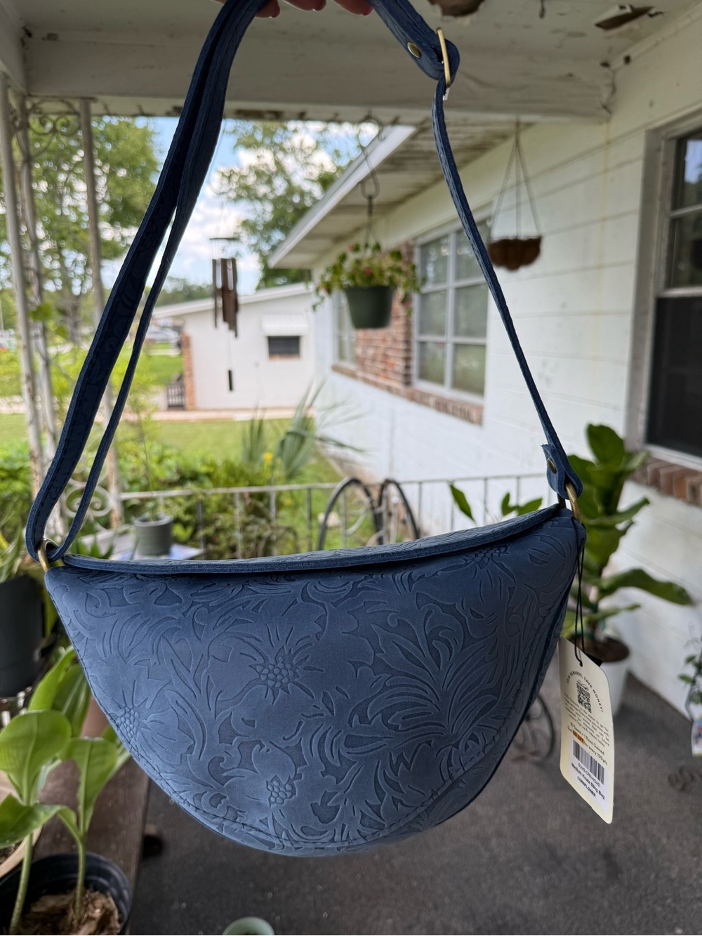 Portland Leather Cornflower Blue Medium Embossed Crescent Koala Sling Bag